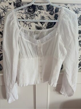 American Eagle Outfitters White Lace-Trim Smocked Peasant Top
